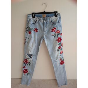 Driftwood Jeans Womens 27 Beau Red Floral Embroidered Distressed Ankle Jeans
